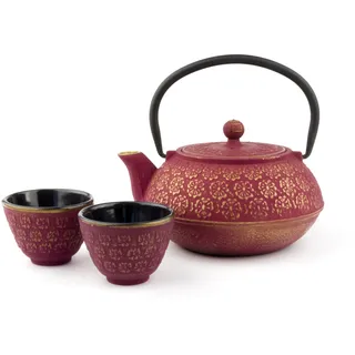 Bredemeijer rotes asiatisches gusseisernes Teekannen Set 0.6 Liter mit 2 Tassen