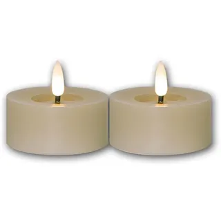 Star Trading 060-08 LED-Echtwachs-Kerze "Flamme Flow T-Light" 2er Set, beige, Wachsspiegeloptik, ca. 5,5x7 cm, naturgetreue Flamme, Batterie, Timer, Vierfarb-Karton