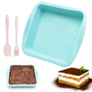 VOSSOT Brownie Backform Silikon Backform Eckig Kuchenform Eckig Kastenform 20 × 20 × 5 cm Silikonbackform Silikonformen Zum Backen von Brownies Tiramisu mit BüRste und Schaber