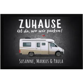SpecialMe® Fußmatte mit Namen Familie Zuhause ist da wo wir parken personalisiert Geschenk für Wohnmobilbesitzer Schwarz 60x40cm