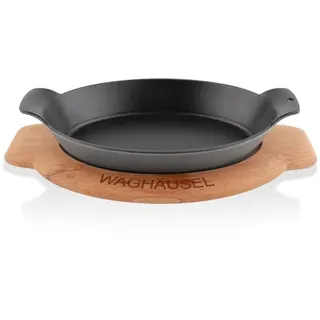 Sallys Gusseisen - Servierpfanne oval 18 x 24 cm - mit Echtholzuntersetzer - Smokey Grey