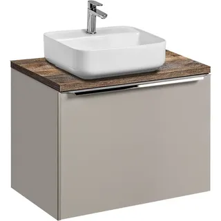 Waschtisch-Unterschrank Set 60cm PUEBLA-56-TAUPE in taupe mit Vintage Eiche, Keramikbecken, 2 Softclose-Schubkästen, B/H/T 60,4/62,5/46 cm - Beige
