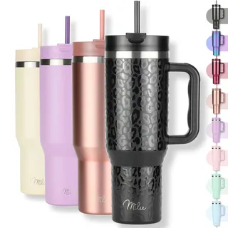 Milu Thermobecher 1,2L mit Strohhalm und Henkel 48h Eis/24h kalt/12h heiß Edelstahl Tumbler 40oz mit Griff - Isolierbecher to go Isolierflasche Trinkflasche doppelwandig isoliert (Black Leopard, 1,2L)