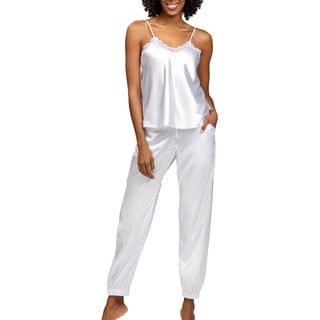 DKaren Satin Pyjama Damen Set Day S - Zweiteiler Nachtwäsche Damen - Damen Pyjama mit Trägerbluse und Langer Hose - Pjama Set mit Spitze am Ausschnitt - Satin Schlafanzug Weiß