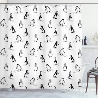 ABAKUHAUS Pinguin Duschvorhang, Skifahren Penguins in Schale, Stoffliches Gewebe Badezimmerdekorationsset mit Haken, 175 x 180 cm, Weiß und Schwarz