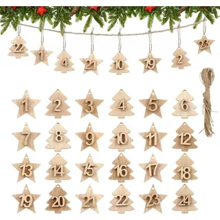 LIHAO Adventskalender 24 Zahlen Holz Anhänger Weihnachtsbaum Countdown Holzverzierungen