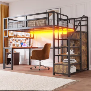Ball & Cast Loft Bed (140x200cm) mit Aufbewahrungsleiter und Einfachem Kleiderschrank, Metal Hochbett mit Tisch + Netzregal, Stabil & Rauschlos, Schwarz