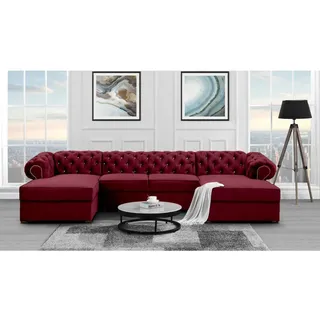 U-Form Ecksofa mit Schlaffunktion und Bettkasten Chester U-Shape Sofa im Chesterfield Stil, Stoff: kronos 02 - kastanienrot, Knöpfe: Zirkonia - Rot