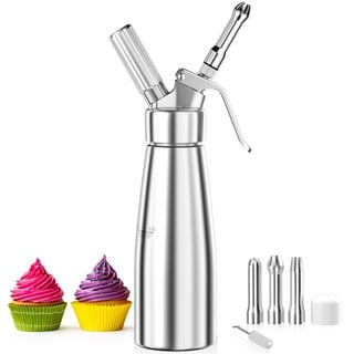 Fousenuk 500ml Sahnespender, Sahnesyphon Aluminium mit 3 Edelstahl Deko-Düsen und 1 Reinigungbürste, Auslaufsicherer Sahnesiphon für die Zubereitung von Schlagsahne, Creme, Mousse und Desserts