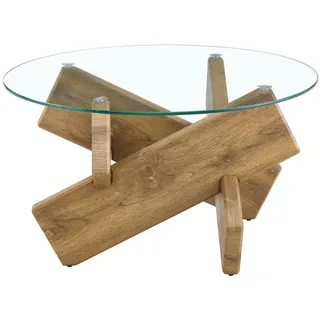 Redom Couchtisch, MDF + 0,8 cm Glasplatte, Kreuzgestell, skandinavisch-modern, 79/79/45 cm,Naturfarben , Holzwerkstoff , 79x45x79 cm , Wohnzimmer, Wohnzimmertische, Couchtische