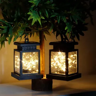 JHY DESIGN 2er Set Outdoor Solar Hängelampe Leuchten Solarbetriebene mit Griff LED Tischlampe Deko Solarlaterne Hängend für Garten Terrasse Hinterhof Hof Weg Balkon Draußen Außen (mit Klemme)