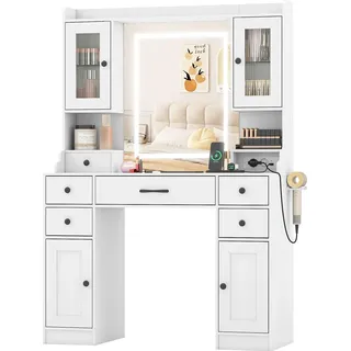 COSTWAY Schminktisch mit Beleuchtung, Make-up-Tisch mit Spiegel, Steckdosen, 3 Farbmodi, einstellbare Helligkeit, Schränke & Schubladen 105x40x150cm - Weiß