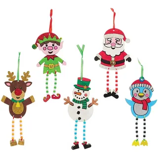 Baker Ross FX387 Weihnachtsfiguren Holz Bastelset mit Perlen für Kinder-5er Pack, Baumelbeine Set für Kinder Dekorieren, Ideal für Kindergeburtstag Basteln