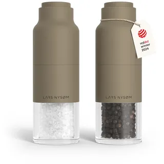 LARS NYSØM Salz und Pfeffermühle Set mit verstellbarem Keramikmahlwerk I Edelstahl Pfeffermühle und Salzmühle I Gewürzmühlen Set (Taupe Brown)