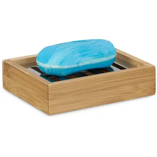 Relaxdays Seifenablage Bambus eckig, Abtropfgitter aus Edelstahl, hygenisch, HxBxT: 3 x 12,5 x 10 cm, natur