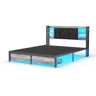 Metallbett 160x200 cm, 2 Schubladen, LED-Beleuchtung , Schwarz , Textil , Mode , 160x200 cm , Schlafzimmer, Betten, Metallbetten