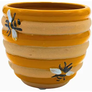 Dekohelden24 Blumentopf, Pflanzkübel, Pflanzgefäß, Blumenkübel, Pflanztopf, Bienentopf, Honigtopf, Übertopf in Bienenstockoptik aus Keramik, Motiv: Biene in Gelb und Beige, L/B/H 12 x 12 x10 cm.