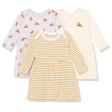 Amazon Essentials Baby Mädchen Langarm-Kleid, 3er-Pack, Elfenbein/Lila/Orange Streifen/Katze, 24 Monate