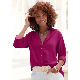 Hemdbluse LASCANA, Damen, Gr. 46, lila (aubergine), Web, Obermaterial: 58% Viskose, 28% Baumwolle, 14% Leinen, unifarben, figurumspielend hüftbedeckend, V-Ausschnitt, 2-Knopf-Manschette, Blusen Hemdbluse, aus Leinenmix, Damenbluse mit Hemdkragen und Knopfleiste, Topseller