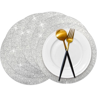 50 Stück Silberne Glitzerpapier-Tischsets, glitzernd, rund, Einweg-Tischsets, Silberne Pailletten-Deckchen, dekorative Tischsets für Hochzeit, Bankett, Party, Zuhause, Essgeschirr