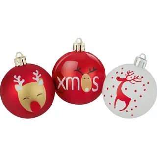 Weihnachtsbaumkugeln Ø 6 cm Kunststoff Rot Weiß Rentier 9-teilig