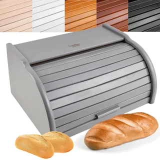 Creative Home Grau Brotkasten Holz | 38 x 28,5 x 17,5cm (+/-1cm) | Perfekte Brotbox für Brot Brötchen Kuchen | Brotkiste mit Roll-Deckel | Natürliche Brot-Kiste | Brotbehälter für Jede Küche