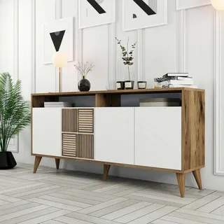 Dmora - Konsolentisch Scorpio, Wohnzimmer-Sideboard, niedriger TV-Schrank, ausgestatteter Wandsockel, 160 x 35 h79 cm, Walnuss und Weiß