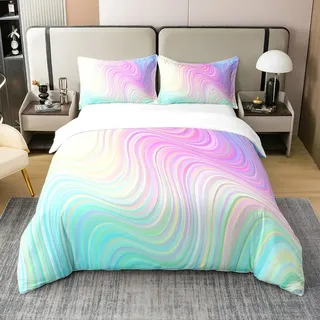 100% Baumwolle Pastell Regenbogen Bettwäsche Set 155x220 Abstrakte Wellen Streifen Bettbezug Helle Türkis Blau Rosa Lila Marmor Trendy Tröster Abdeckung Psychedelic Frauen Quilt Cover Zimmer Dekor