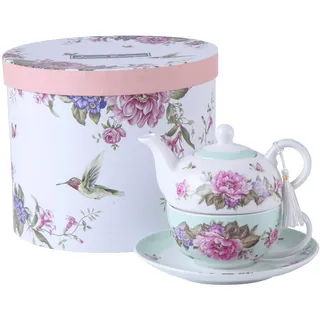 London Boutique Tea for One Teekanne/Tasse, Suacer-Set, Shaby Chic, Flora, Vogel, Rose, Schmetterling, Porzellan, Geschenkbox (Blaugrün)