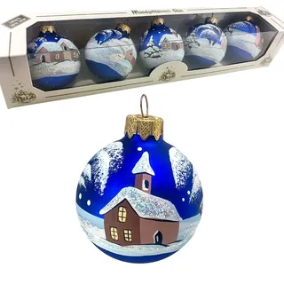 060 Set mit 5 Christbaumkugeln Handgefertigte Christbaumkugel Weihnachtskugel Dorflandschaft und Winterlandschaft Weihnachtsbaumschmuck große 6 Zentimeter Feines Glas 5 Stück (Blau)