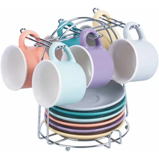 Villa d'Este Home Tivoli 6er Set Espressotassen 90ml mit Untertasse aus New Bone China Porzellan Ständer Eisen Daily