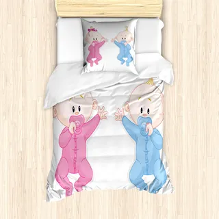 ABAKUHAUS Geschlecht Decken Mantele, Baby mit Schnuller, Milbensicher Allergiker geeignet mit Kissenbezügen, 135 cm x 200 cm - 80 x 80 cm, Rosa Blau und Pfirsich