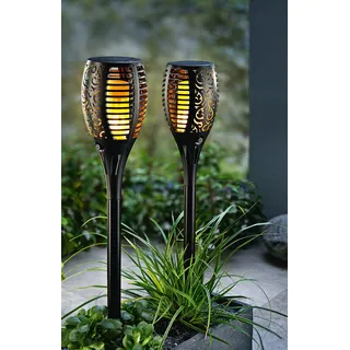 SONNENKERZE SOLAR-GARTENSTECKER FLAME, 2ER-SET SCHWARZ, 3 IN 1 FUNKTION: GARTENFACKEL, HÄNGELEUCHTE, TISCHLEUCHTE MIT LED FLAMMEN-EFFEKTBELEUCHTUNG