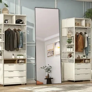 Rechteckig Ganzkörperspiegel, 165 x 60cm Großer Standspiegel, Groß Wandspiegel mit Schwarz Aluminium Rahmen, Hängend, Stehend, Kippbar, für Wohnzimmer, Schlafzimmer und Flure