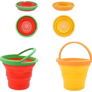 Coriver 2er-Pack Faltbarer Strand-Eimer, zusammenklappbarer Sand-Eimer mit Griff, Sand Spielzeug mit Motiv, Outdoor-Sandkasten-Schneespielzeug für Party Reisen Camping Wasser (1. Rot+Orange)