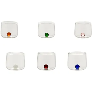 Zafferano Bilia Junior Likörglas 6 Set aus Borosilikatglas, transparent, mit Kugel in 6 verschiedenen Farben