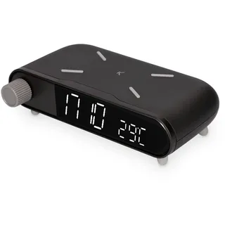 KSIX Wecker und kabelloses Ladegerät, 24 Stunden, Alarm, Retro, 10 W, kabellos, Temperaturanzeige, Qi-Ladegerät, Schwarz glänzend