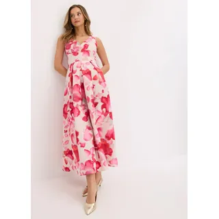 bonprix Maxikleid ausgestellte Passform, glänzender Satin mit floralem Print, ärmellos, weiß, hellrot floral (länge: regulär)