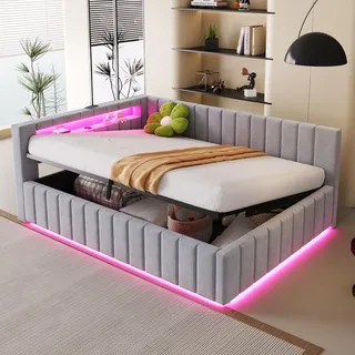 MODFU Schlafsofa 140x200 Tagesbett mit bettkasten,Stauraumbett Polsterbett mit LED-Licht und USB-Ladeanschluss,mit Rückenlehne,Hellgrau-Ohne matratze - Hellgrau