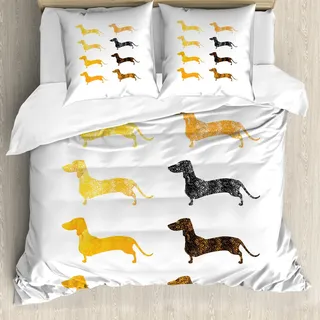 ABAKUHAUS Dackel Bettbezug Set, Vintage Dog Silhouettes mit einem Grunge Theme Haustiere Muster, 155 x 220 cm + 80 x 80 cm, Marigold Schwarz Orange