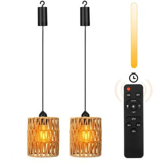 2 Stück Hängeleuchte Rattan, Boho Rattan Lampe Vintage Hängelampe mit Batterie, Atteriebetriebene Lampe mit Fernbedienung, Hängelampe Outdoor für Patio Bar Garten Terrasse Wohnzimmer Schlafzimmer