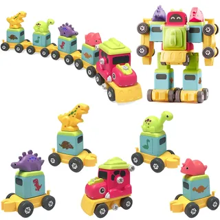 TOYABI Dinosaurier Spielzeug, 5 in 2 Rex Auto, Spinosaurus Auto, Triceratops Auto Switch and Go Dino Zug und Transformers Spielzeug, Jungen und Mädchen ab 3 4 5 6 Jahre