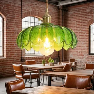 YESINTO Pendelleuchte Vintage,aus Glas mit Schirm,Florale Kinderzimmer Pendelleuchte,LED Deckenleuchte für Wohnzimmer,Küche und Schlafzimmer,Esszimmer,mit verstellbarem Stromkabel,Grün Hängelampen