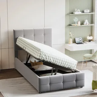 FAVSH Boxspringbett 90x200 cm, Polsterbett Hydraulisches Bett mit Bettkasten, Einzelspieler mit Höhenverstellbarem Kopfteil, für Jugendliche/Kind, Samtstoff, Ohne Matratze (Grau)