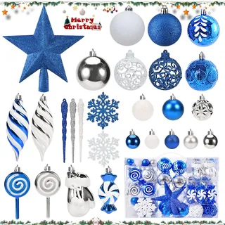 130 Stück Weihnachtskugeln Blau,Kunststoff Weihnachtsbaumkugeln Box mit Aufhänger,Christbaumkugeln Glitzer,Christbaumkugeln Kunststoff,Weihnachtsbaumschmuck Set,Weihnachtsbaumschmuck und -schmuck