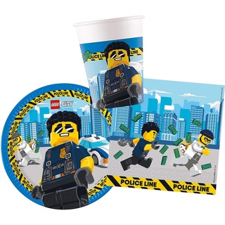 Procos 10136167B - Kinderpartyset S Lego City, 52-teiliges Set, 16 Teller, 16 Becher und 20 Servietten, Einweggeschirr, Tischdekoration, Party, Police Line