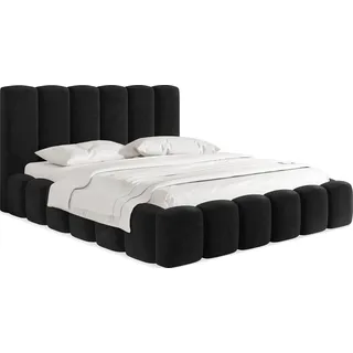 Polsterbett 180x200 mit Bettkasten & Lattenrost – Schwarz Bett hohem Kopfteil, Boucle/Samt - Doppelbett Stauraum – Bettgestell ohne Matratze – Serenity - Schwarz - Schwarz