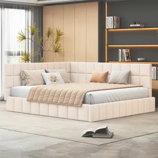 Flieks Polsterbett 160x200cm mit Lattenrost, Tagesbett Schlafsofa mit Verstellbarem Rückenlehne, Doppelbett Gästebett Daybett Jugendbett, Samt, Beige - Beige