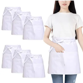 FunChaos 6 Stücke Taillenschürze, Kellnerschürze mit 3 Taschen, Wasserdichte Halbe Schürze für Männer und Frauen, Kochschürze zum Kochen, Reinigen, Malen, Gärtnern, Bistro, Restaurant (Weiß)