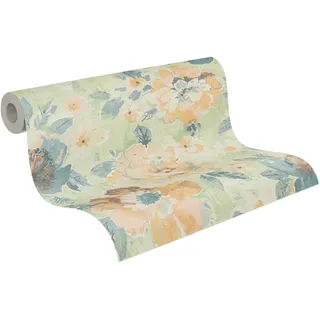A.S. Création Blumentapete in Bunt, Grün, Gelb, Blau, Orange - hochwertige Vintage Tapete 396073 - Designtapete gemalt auf 10,05m x 0,53m - Made in Germany
